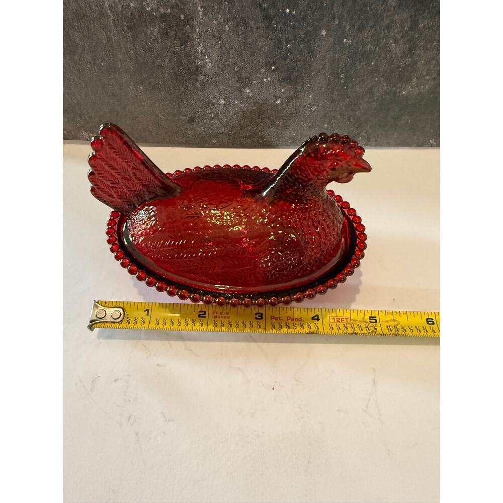 Vintage Ruby Red Glass Hen On Nest Covered  Dish Beaded Rim 5 Inch - Picture 13 of 13
